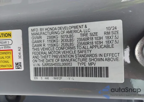 2025 Honda Cr-V Hybrid Sport from USA, damaged, VIN 5J6RS5H55SL006953